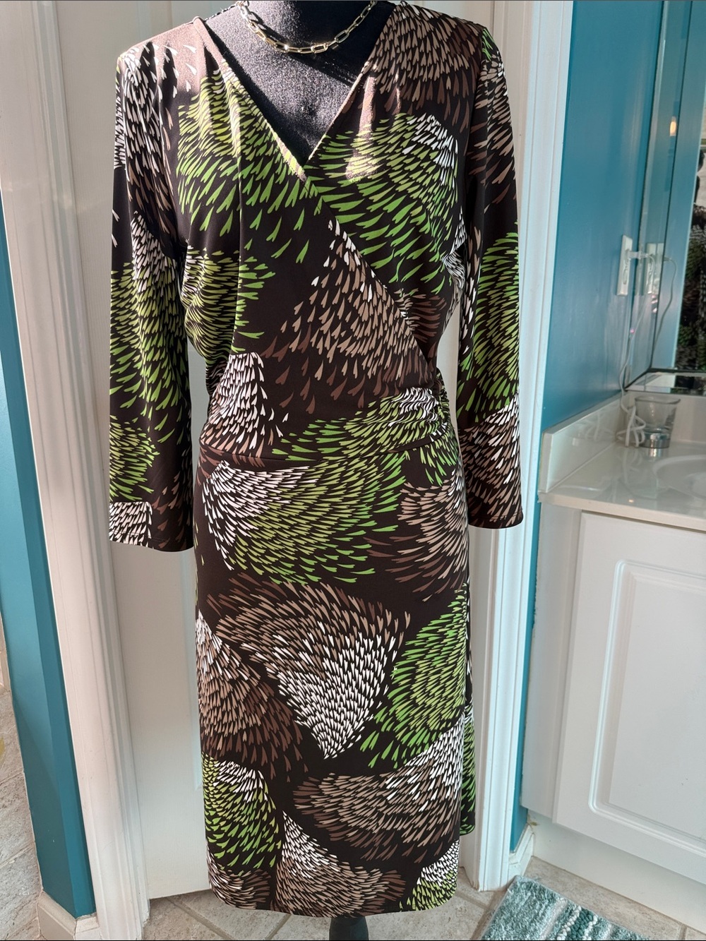 LOFT Brown Wrap Dress with Green & Cream Abstract Brushstroke Print